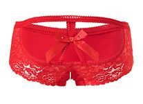 PERAMBRY Women's Lace Stretch Sexy Thong Bikini Panties Bow Tie Breathable Fashionable, Red-0200, 3XL