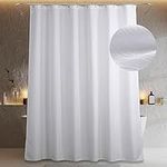 White Fabric Long Shower Curtain: Anti Mould Mildew Resistant Water Repellent Washable Polyester Shower Curtain Liner for Bathroom - Elegant Linen Style Bath Curtain - 183 x 200cm Drop