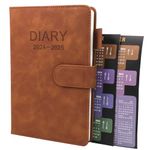 Academic Diary 2024-2025 A5 Day Per Page, Faux Leather 2024-2025 diary from Jul. 2024 to Jun.2025, Productivity A5 Daily Planner with Monthly Tabs Sticker, 2 Bookmark, Pen Loop and Inner Pocket（Brown）