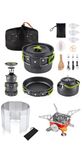 DPCR 15-Piece Camping Cooking Set with Mini Gas Stove, Wind Screen, Teapot, Aluminum Cookware Mess Kit for Outdoor Hiking Picnic, Portable and Lightweight