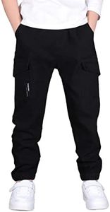 CAMLAKEE Boys Cargo Pants for Kids Stretch Elastic Waist School Youth Twill Joggers Black 10-11 Years/Size 150