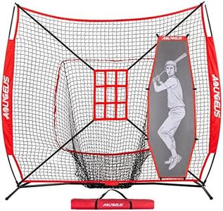 AOLIGEIJS 7'X7' Baseball Softball Practice Net,Pitching Net,Batting Net,with Baseball Tee,Bonus Strike Zone and Bow Frame,for Hitting,Pitching, Catching (Red Net + Batter Dummy)