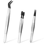 3 Pieces Rubber Tipped Tweezers, Craft Tweezers PVC Silicone Coated Non Marring Tweezers Set, Straight Tip Tweezers, Flat Tip Tweezer, Long Bent Tweezers for Crafts Stamps Beads Jewelry Tools (Black)