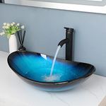 HM HomeMieco Oval Above Counter Blue&Black Vessel Sink Set Tempered Glass Bathroom Basin Bowl Sink,Bathroom Sink Black Mixer Tap Set