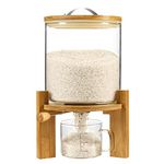 Vuinop Rice Dispenser, Rice Storage Container：Flour and Cereal Container with Airtight Lid and Wooden Stand, Glass Food Storge Container for Kitchen Organization and Pantry Store (5L)