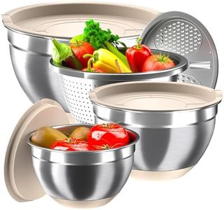 Mixing Bowls with Airtight Lids, Stainless Steel Mixing Bowl Set with 3 Metal Nesting Bowls, Colander & Grater, Non-Slip Bottoms, Size 1.5, 2.5, 6 QT, Great for Mixing & Serving, Khaki