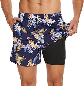 Aueyan Mens Swim Trunks 5.5 inch with Compression Liner Zipper Pockets,Quick Dry Swimsuit Trunks Funny Beach Board Shorts, Floral, Large