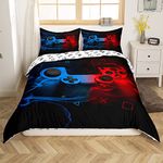 Teens Gamer Duvet Cover Full Size,Boys Game Joysticks Bedding Set,Child Gaming Console Comforter Cover,Kids Gampad Video Games Bedspreads Cover,Old Retro Game Machine Bedroom Decor Red Blue