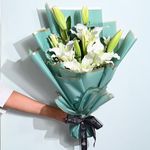 FlowerAura Fresh Live Flower Bouquet of 3 White Lily Flower In Designer Packing For Birthday Gift, Anniversary Gift, Wedding Gift, Congratulations Gift & Gift For Special Occasions (Same Day Delivery)