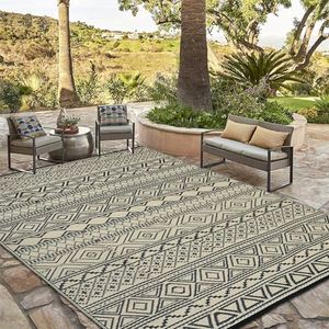 IMINROME Waterproof Outdoor Rug 9x18 Reversible Mats Geometric Rug Plastic Straw Outdoor Patio Rug for RV Camping Picnic Reversible Lightweight Plastic Straw Outside Rug, Black/Brown