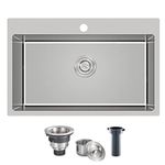 POPFLY 28×20 inch Top Mount Drop-in Single Bowl Handmade SUS 304 Brushed Nickel Kitchen Sink, Stainless Steel 9 Inch Deep Kitchen Sinks, Fregadero