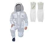 MS Professional 3 Layer Bee Suit Apiarist Ventilated Beekeeper Protective Suit with One Pair Gloves Apiary Beekeeping Suit Bee Sting Proof Suit with Fencing Veil, White, Medium
