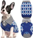 Kuoser Plaid Dog Sweater Warm Clothes, Patchwork Design Pet Dog Knitwear Classic Pullover Puppy Coat Cold Weather Sweatshirts with Leash Hole for Small Medium Cats Dogs (XL, Blue)