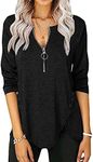 Women's Casual Long Sleeve Tunic Shirts Zipper V Neck Button Side Blouses Tops X-Black