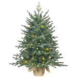 Pre-lit Christmas Tree 90cm/3ft, Artificial Xmas Tree with 215 PE & PVC Mixed Branch Tips & 80 LED String Lights & Burlap Wrapped Base for Tabletop Desk, Battery Operated