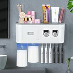 Toothbrush Holder Wall Mounted, Double Automatic Toothpaste Dispenser for Bathroom Accessories Organizer with 6 Toothbrush Slots, 2 Toothpaste Squeezers, 2 Magnetic Cups, 1 Drawer Organizer Box