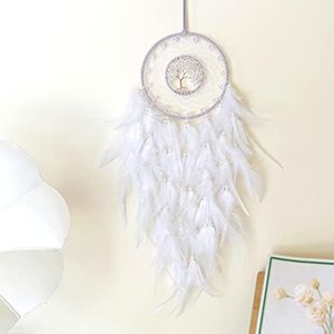 Dream Catchers, White Dream Catcher Tree of Life Wall Decor, with Natural Healing Crystal Stone, Perfect Rock Crystal Handmade Dreamlike Dream Catchers for Bedroom Decor Art Craft Gift