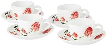 Larah by Borosil Belle Opalware Cup and Saucer Set of 8 pcs | Tea/Coffee Cups 145 ml | Microwave & Dishwasher Safe | Bone-Ash Free | Crockery Set Ideal for Daily Use & Gifting, White