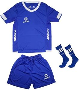 LEOCI Boy's Soccer Jersey Kids Unisex Girls Football Outfit Suit Jersey/Shorts/Socks Kit Short-Sleeve and Bottom Set, Blue 002, Large