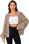 SHENHE Women's Color Block Open Front Long Sleeve Ribbed Knit Cropped Cardigan Sweaters Khaki S