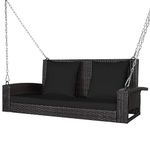 DORTALA Hanging Porch Swing, 2-Person Outdoor Wicker Swing Chair Bench with Cushions, 7.9Ft Steel Chains for Garden, Backyard, Deck & Poolside, Black