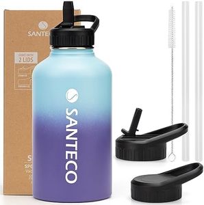 SANTECO Insulated Water Bottle 64 oz Stainless Steel Leak-proof 2 liters Thermos Flask with Straw Handle Lid Large Capacity Sport,Hiking,Gym-Blue Purple