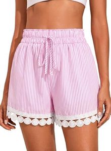 Dokotoo Pink Shorts Women Plus Size Summer Stripe Short Elastic Waist Wide Leg Flowy Lace Trim Beach Cover Up Casual Lightweight Loose Shorts Small