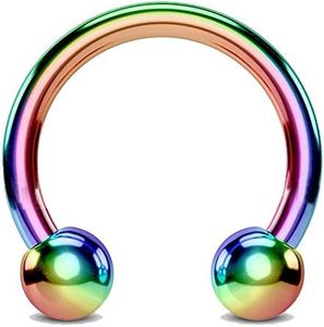 FIFTH CUE Titanium IP Over 316L Surgical Steel Circular Horseshoe Barbells (Rainbow | 6GA | 9/16"-14mm w/8mm Balls)