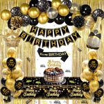 GYESXYW Black and Gold Party Decorations, Black and Gold Balloons Birthday Decorations, Happy Birthday Banner Gold Fringe Curtain Tablecloth Birthday Sash Crown Pom Poms for Men Women Birthday Decor