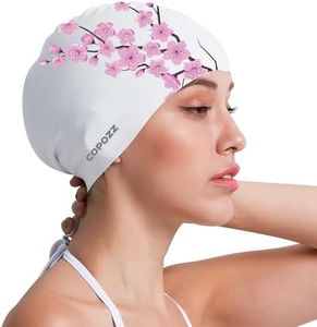 COPOZZ Women‘s Swim Cap for All Hair - Large, Comfortable Silicone Swimming Cap, Waterproof Design for Long, Short, Thick & Curly Hair | Secure & Comfortable Fit (Pink Plum blossom-12yrs+)