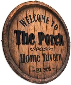 Personalized Family Name Sign, Custom Faux Whiskey Barrel Wall Decor, "Home Tavern" Bar Plaque, Flat MDF Board with Realistic 3D Print (Not Real Wood or Metal), Rustic Man Cave Art