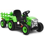 COSTWAY Ride on Tractor and Trailer, 12V Battery Powered Electric Kids Toy Car with Remote Control, LED Lights, USB & Bluetooth Music, Four Wheels Ride on Toys for Children Ages 3+(Green)