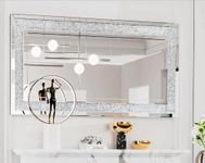 Artloge Crush Diamond Wall Mirror: 48 x 24 inch Large Decorative Glam Silver Vanity with Beveled Glass Sparkly Crystal Frame Edge, Rectangular Art Decor for Livingroom Bathroom Diningroom