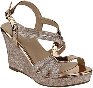 FOREVER FQ22 Women's Glitter Strappy Wrapped Wedge Heel Platform Sandals, Color Rose Gold, Size:6, Rose Gold, 6