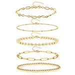 14K Gold Chain Bracelets Set for Women, Dainty Gold Paperclip Link Bead Bracelet Stake Adjustable Layered Metal Cute Fashion Jewelry(5 Pcs)