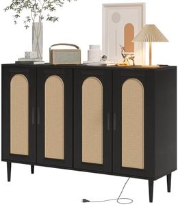 GarveeHome Sideboard Buffet Cabinet, 4 Rattan Doors Accent Storage Cabinet, Console Table Coffee Bar with Power Outlet, Adjustable Shelves for Dining Room, Kitchen, Hallway, Living Room, Black