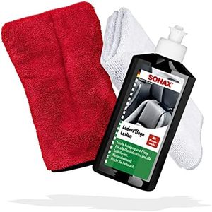 Auto Lederpflege Set | Sonax LederPflegeLotion 250ml + Mikrofasertuch 40x40cm + Detailing Handschuh | Lederreiniger & Leder Pflege