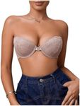 OYOANGLE Women's Lace Strapless Underwire Bras Front Closure Lightly Lined Bandeau Bra Dusty Pink Large