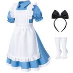 Irtysh Girl Blue Dress White Apron Halloween Cosplay Costume With Bow Hair Band Stockings Set(150)