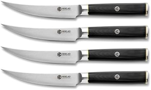 HexClad 4 Piece Master Series Damascus Steel Steak Knife Set, Full Hybrid Tang Construction, Faux Ebony Hexagonal Handle