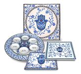 Artistic Passover Seder Dinnerware Set Floral Hamsa Design by Jessica Sporn - Quality Porcelain Round Seder Plate Square Matzah Tray Silk Matzo Cover, Afikoman bag - Pesach Decoration by Aviv Judaica