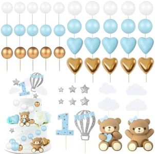 49 Pezzi Topper per Torta Blu Set, Topper per Torta per il 1anno Compleanno Della Ragazzo, Decorazione per Torte con Orsacchiotto per Matrimoni, Baby Shower e Feste di Compleanno