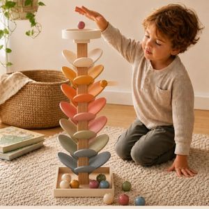 Nolia Wooden Marble Run Music Tree, Montessori Ball Drop Toy for Toddlers and Kids - 3 Glow in the Dark Marbles, 12 Large 1.4 Inch Wooden Balls, 25 Inch Musical Marble Tree, Ages 3+