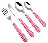 EXZACT Cutlery Set 24pcs Stainless Steel with Gingham Check Coloured Handles - 6 x Forks, 6 x Dinner Knives, 6 x Table Spoons, 6 x Tea Spoons (Pink x 24 pcs)