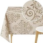 KP HOME Waterproof PVC Wipe Clean Tablecloth - Rectangle Oilcloth 78 X 55 in | 200 X 140 cm - Elegant Baroque Plastic Table Cloth - Outdoor Vinyl Table Cover Wipeable in Cream Beige