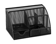 OSCO Black Wiremesh Desk Organiser with Drawer | Desk Tidy | Pen Holder | Makeup Container | Pencil Storage | 6 Compartments | Stationery Caddy | H13 x W22 x D14 cm |