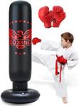 Inflatable Punching Bag for Kids 63 inch Boxing Punching Bag for Kids with Gloves, Punching Bag with Stand Adult Bounce Back Boxing Bag for Practicing Karate, Taekwondo, MMA (Red Gloves)