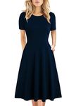 HELYO Business Dresses for Women Office Professional Floral Print Pockets Casual Work Knee Length A-Line Dress for Teens Girls Clothes 162 (Navy Blue, S)