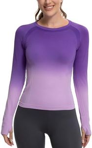 MathCat Long Sleeve Workout Tops for Women, Gradient Running Athletic Shirts, Seamless Breathable Tops with Thumb Holes