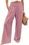 ANRABESS Women Linen Palazzo Pants Summer Boho Wide Leg High Waist Casual Lounge Pant 2024 Beach Travel Vacation Outfits Pink Small